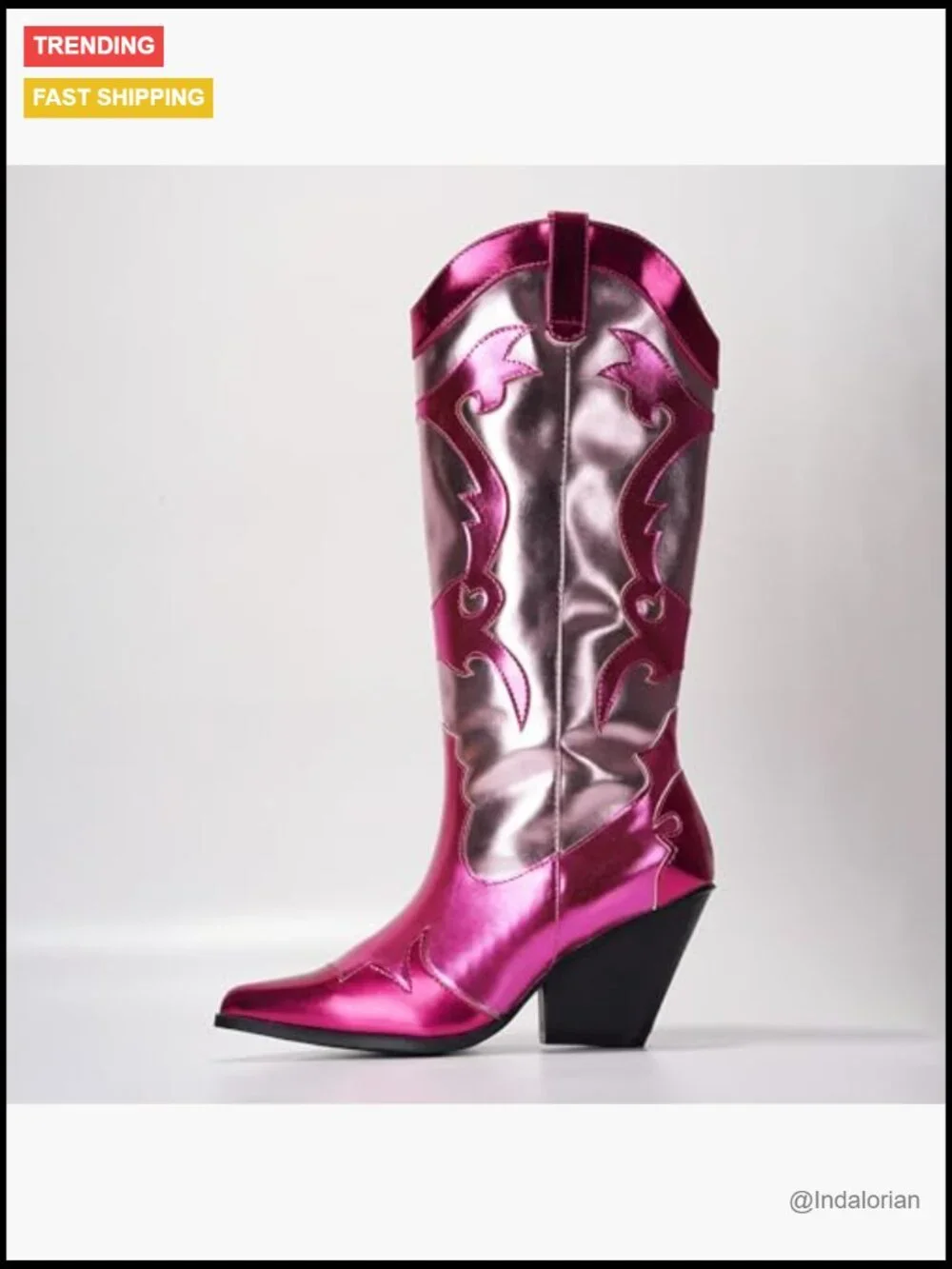 Metallic Colorblock Cowboy Boots - Faux Leather Mid Calf 3in Heel Pointed Toe - Picture 3 of 7
